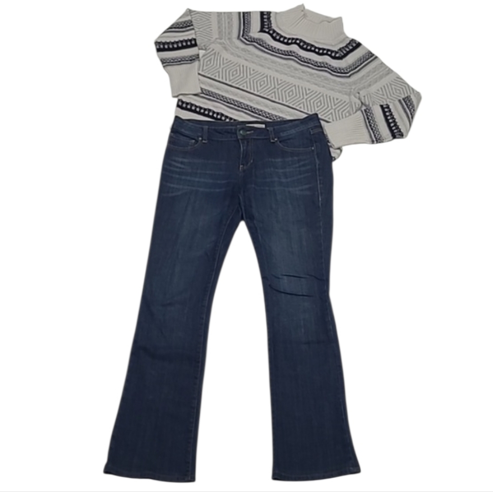 CAbi Bootcut Jean Mid Waist Rise Worn Whiskered Distressed Dark Wash Embroidery